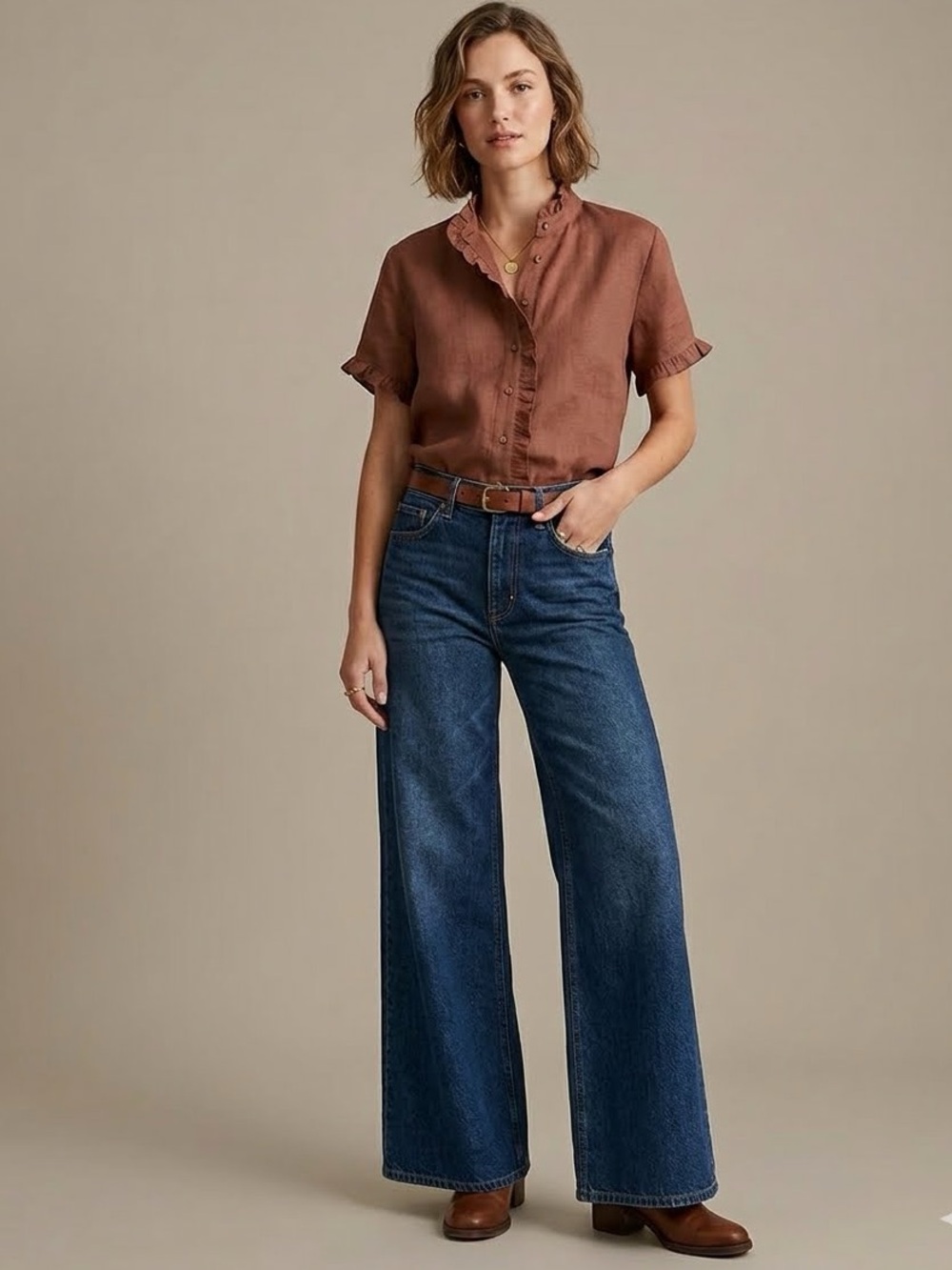 J. Crew Ruffle-Trim Button-Up 100% Linen Blouse Top in Roasted Cocoa Brown • NWT